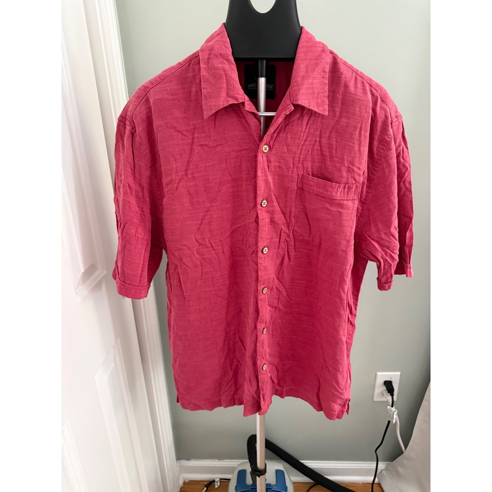Jamaica Jaxx Mens L 100% Silk Jacquard Camp Shirt Coral Pink Hawaiian Resort SS